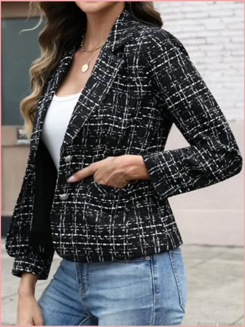 Slim Fit Tweed Blazer, Long Sleeve 2 Button Suit Jacket for Women